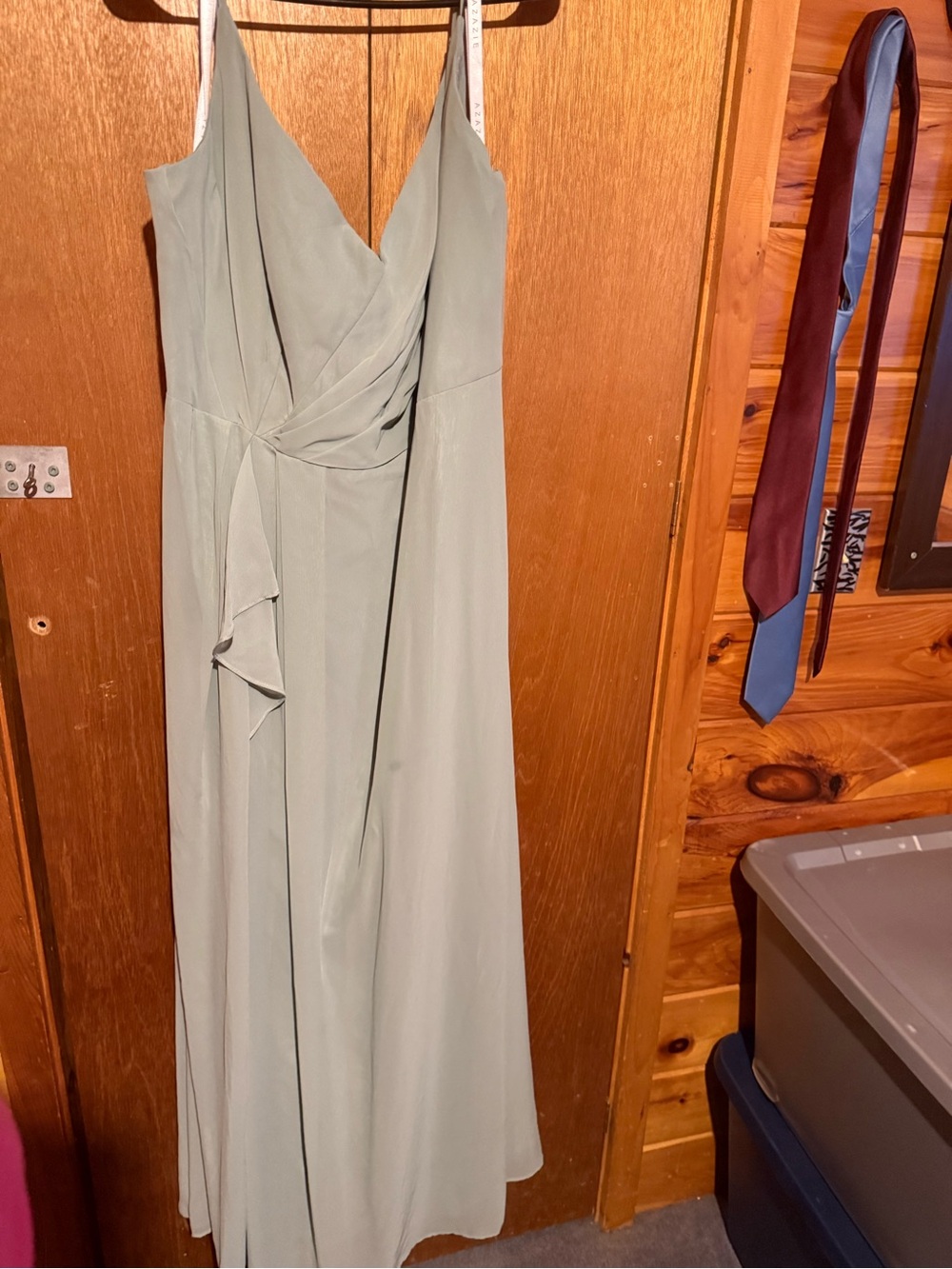 Azazie Sage Green V-Neck Wrap Bridesmaid Gown